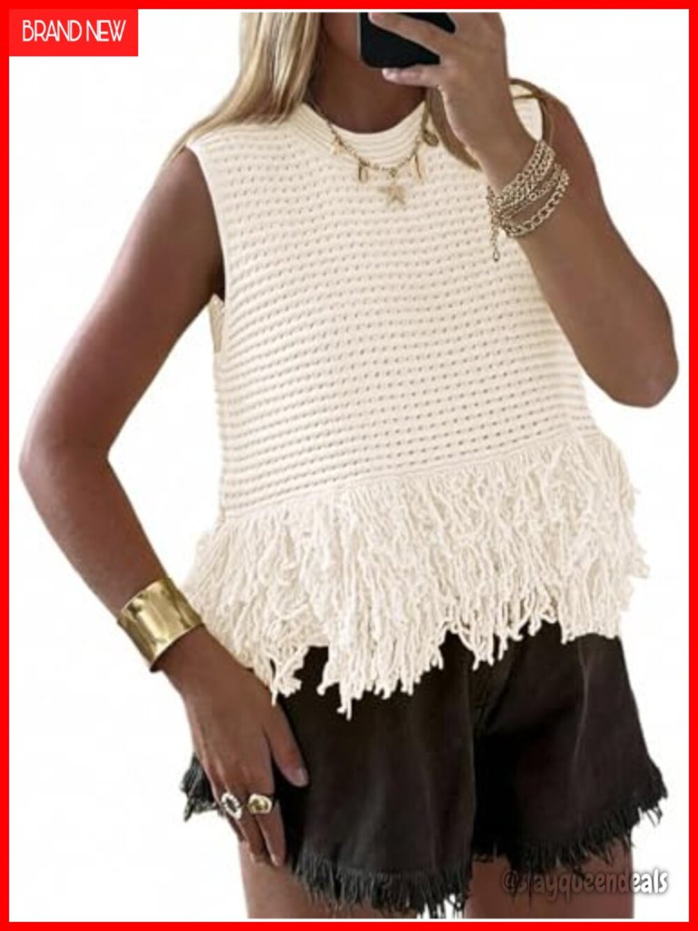 Women's Crochet Fringe Boho Summer Sweater Vest Sleeveless Pointelle Tank Top